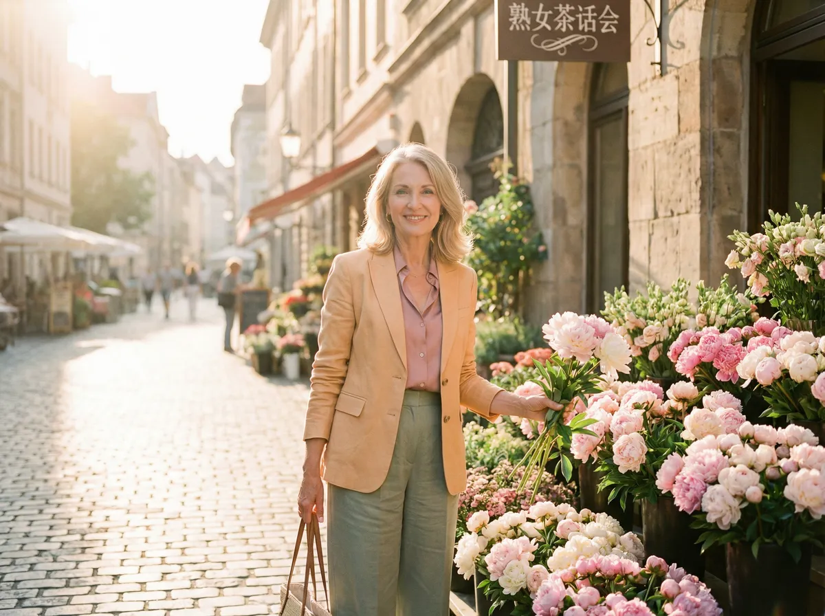 年轻女性在花市选购鲜花