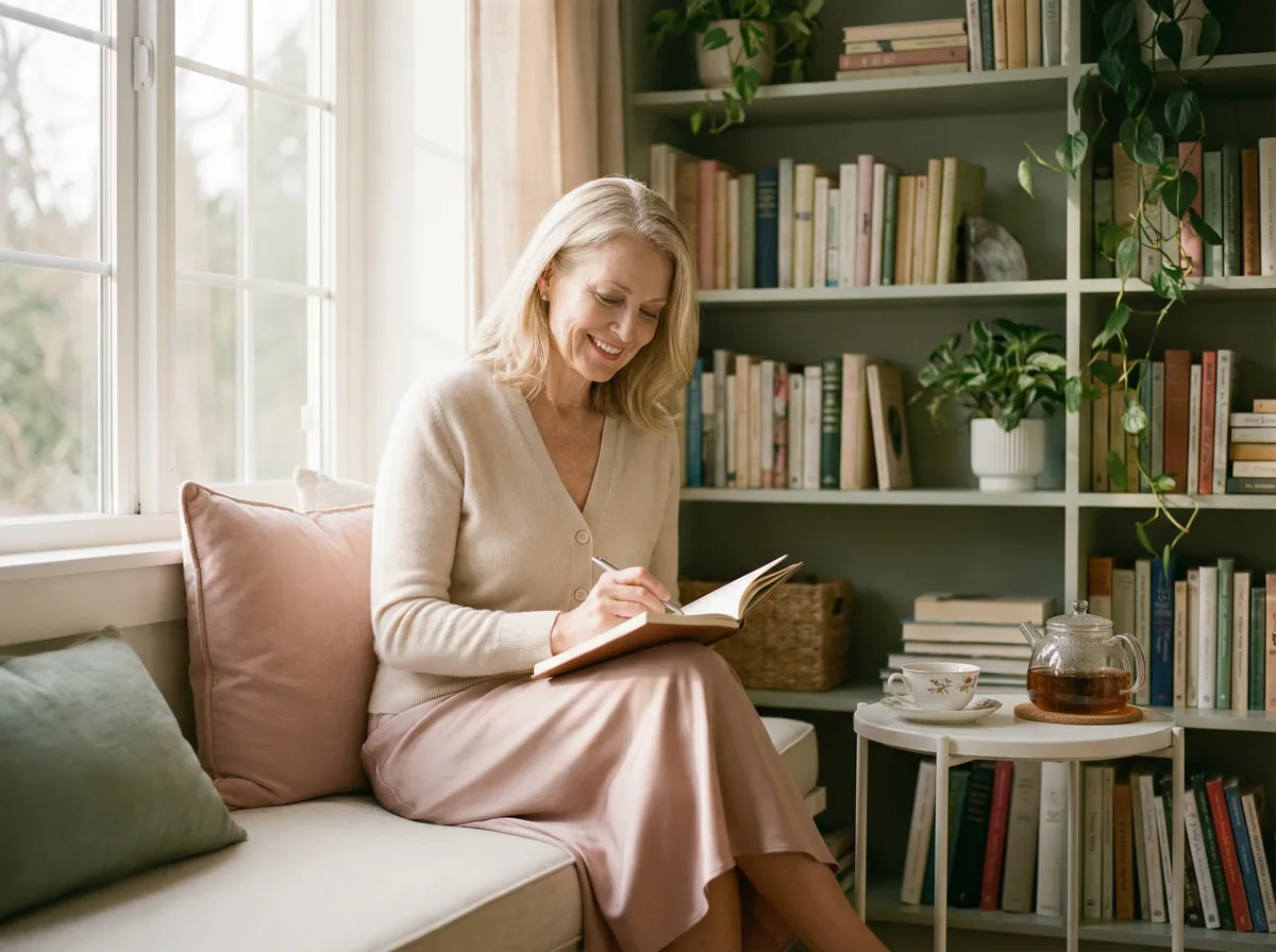 成熟女性在窗边写日记的温馨场景
